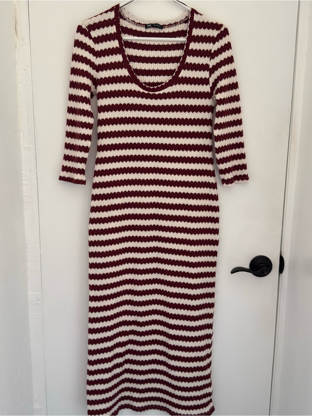 ZARA Womens M Striped Fitted Dress 3/4 Sleeve Stretch Casual Office Bodycon